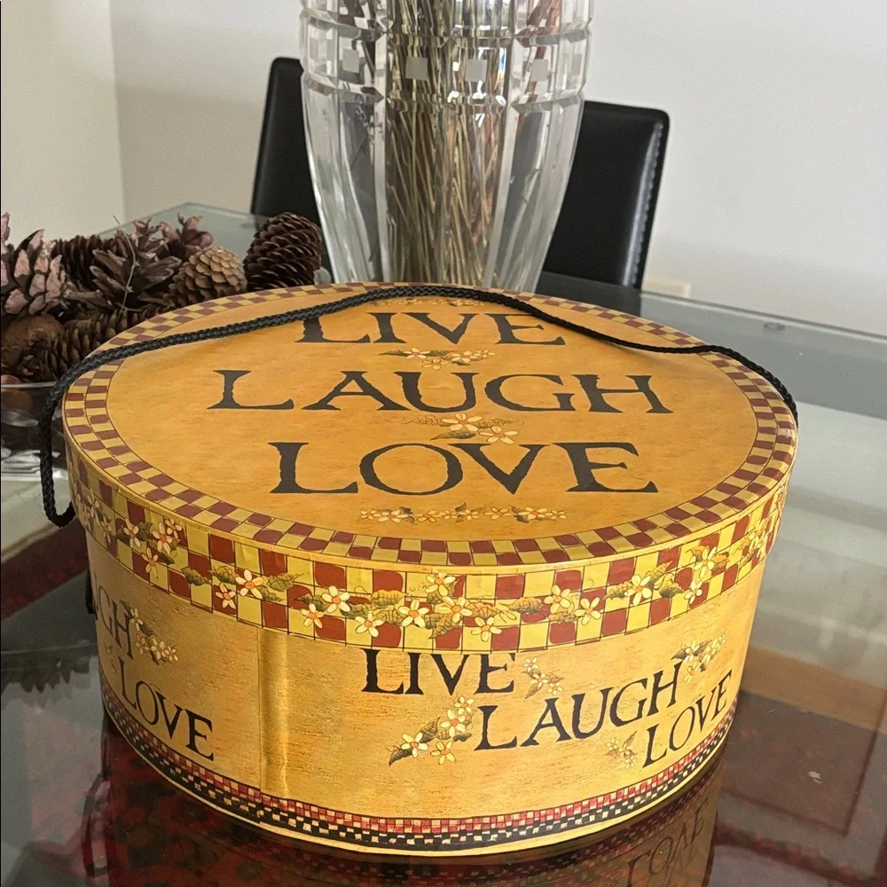 Round hat Storage Box “Live Laugh Love” Design – Yellow, Red & Black – 2005